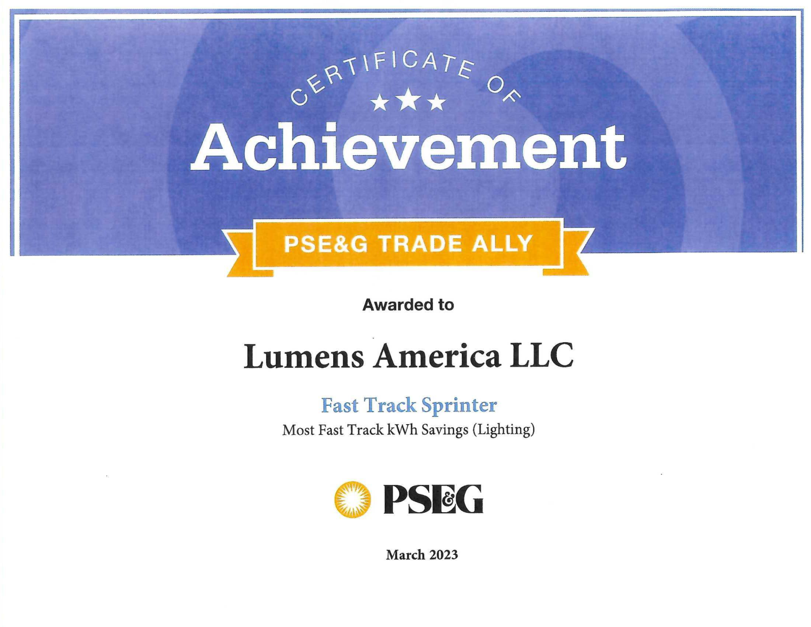 PSE&G Certificate of Achievement &mdash; Fast Track Sprinter 2023