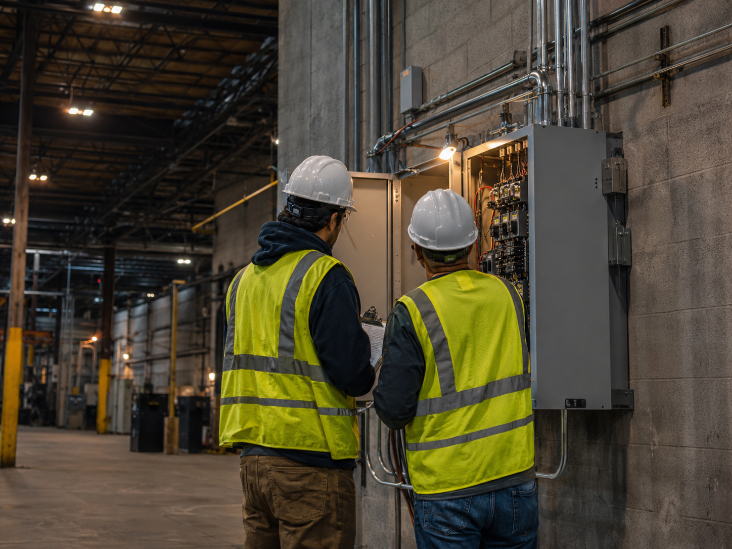 Lumens America crew inspecting electrical panel in warehouse